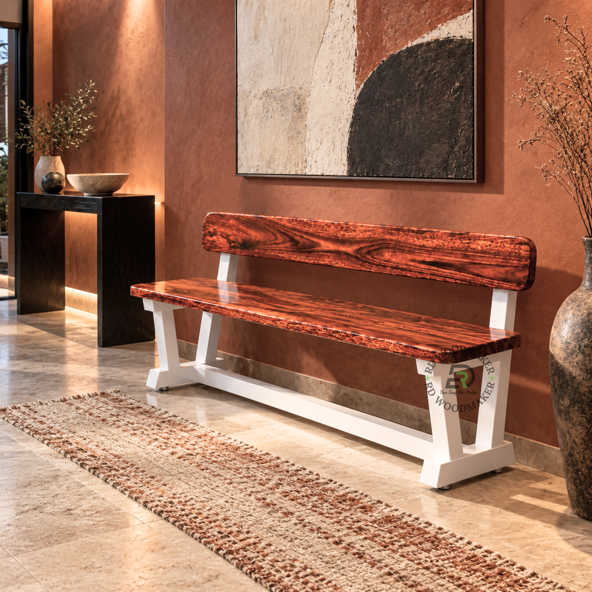 ALDER LIVE EDGE SOLID WOOD BENCH WITH BACKREST & WHITE METAL FRAME