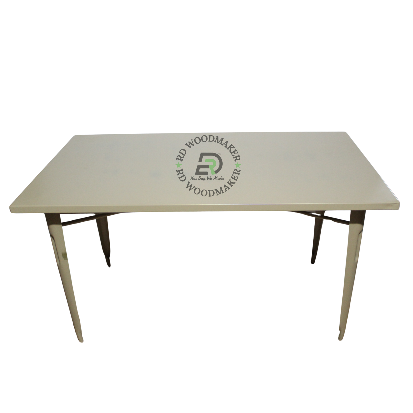 MODERN RECTANGULAR BEIGE METAL DINING TABLE WITH TAPERED LEGS