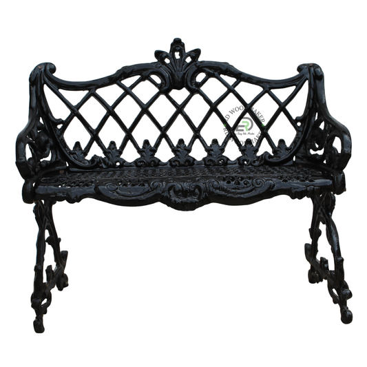 VICTORIAN BLACK CAST METAL LOVESEAT BENCH WITH DIAMOND LATTICE BACK