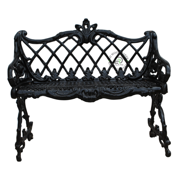 VICTORIAN BLACK CAST METAL LOVESEAT BENCH WITH DIAMOND LATTICE BACK