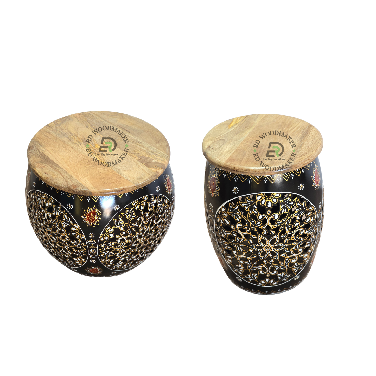 HAND-PAINTED METAL DRUM SIDE TABLE SET WITH WOODEN TOPS