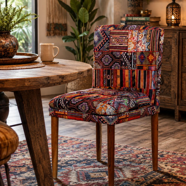 PREMIUM PATCHWORK UPHOLSTERED DINING CHAIR WITH SOLID WOOD LEGS