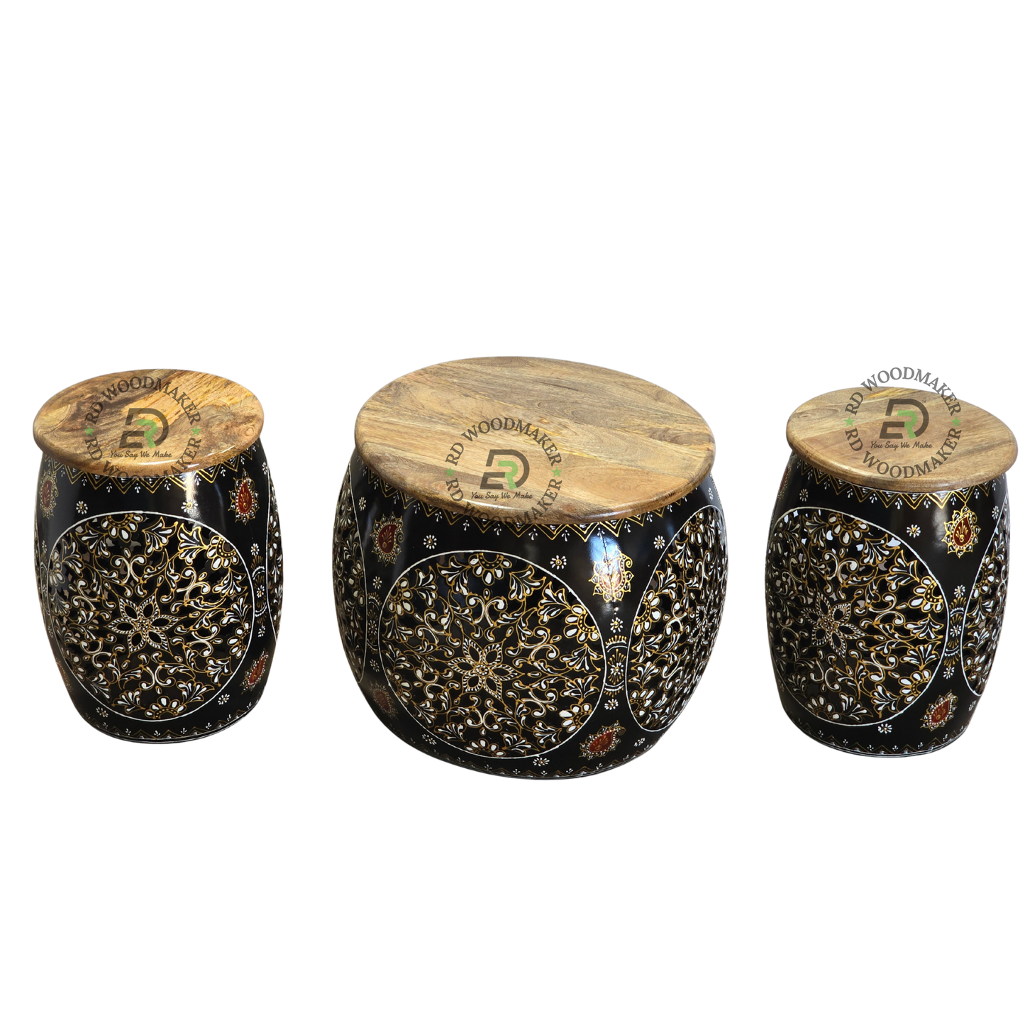 HAND-PAINTED METAL DRUM SIDE TABLE SET WITH WOODEN TOPS