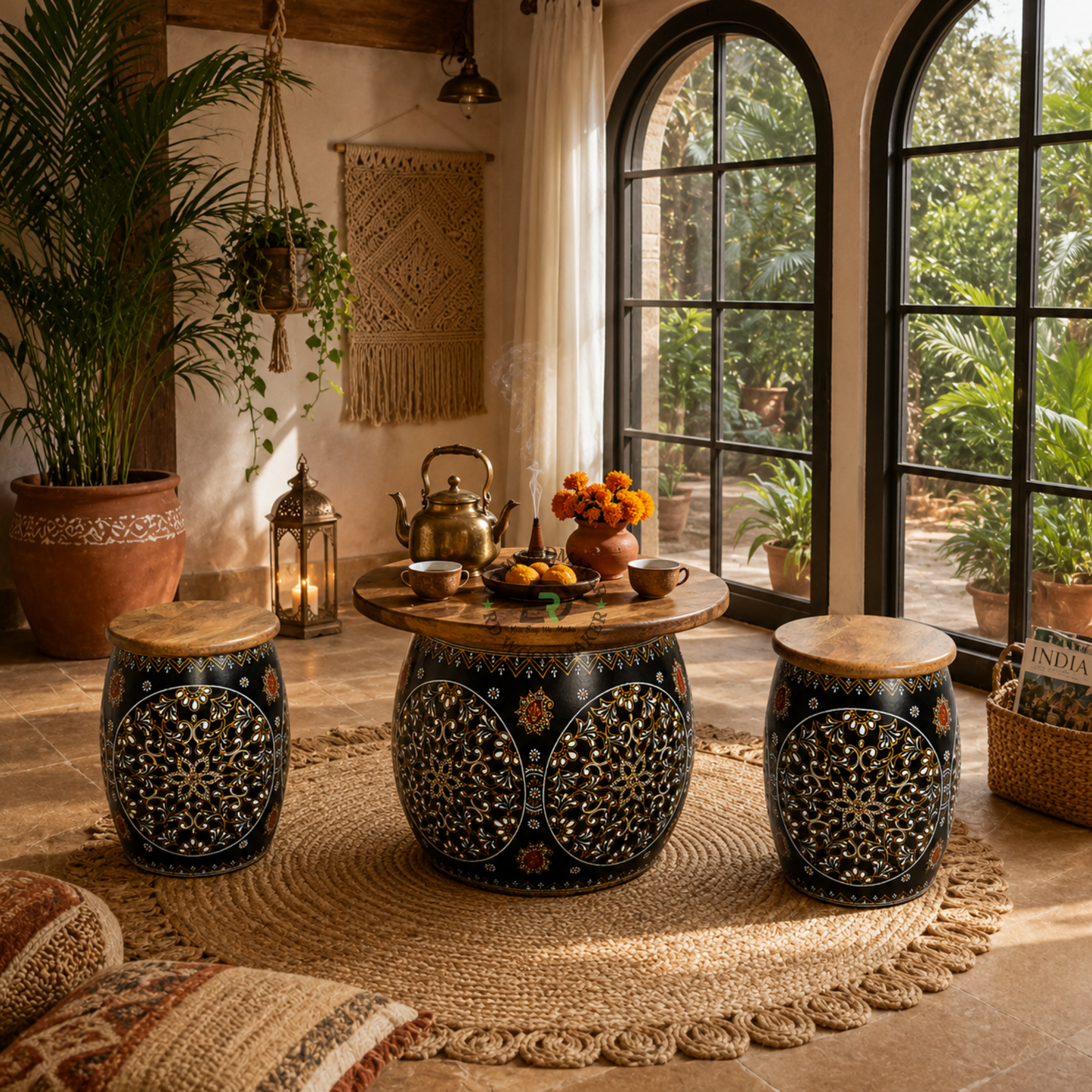 HAND-PAINTED METAL DRUM SIDE TABLE SET WITH WOODEN TOPS