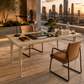 MODERN RECTANGULAR BEIGE METAL DINING TABLE WITH TAPERED LEGS