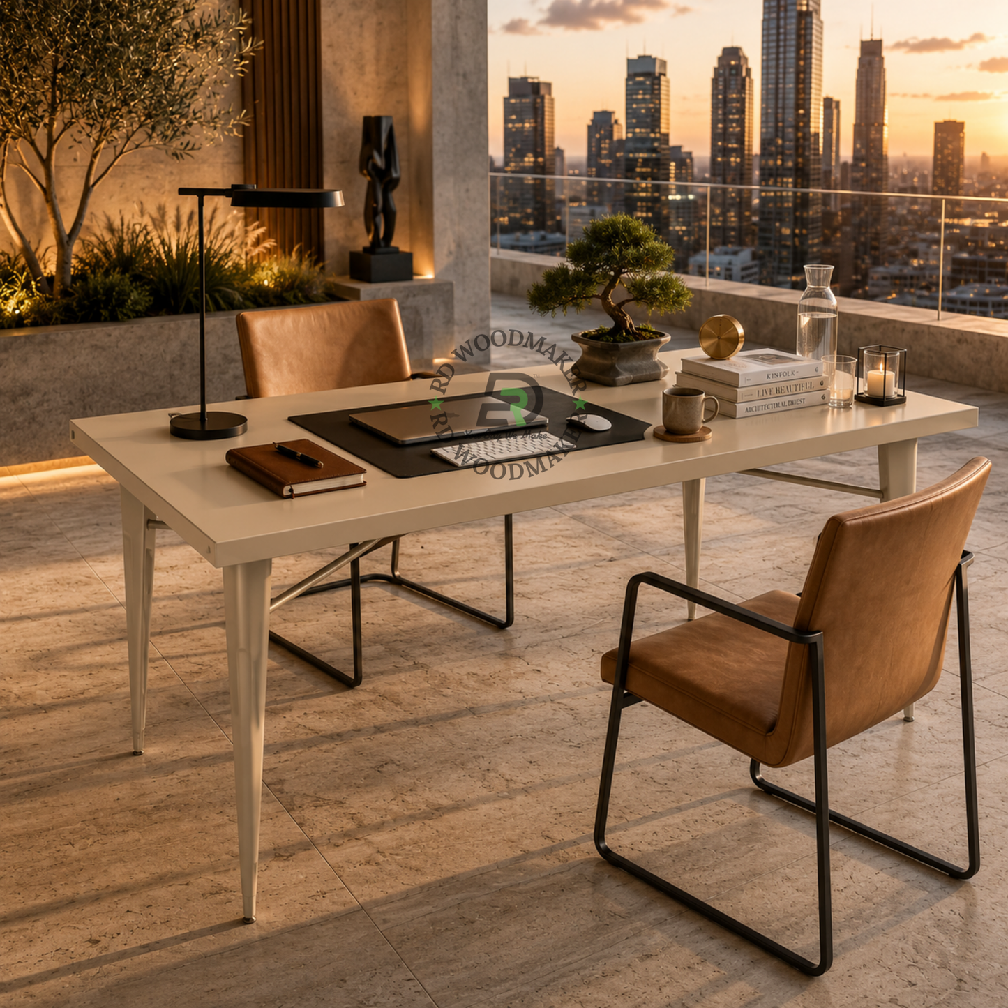 MODERN RECTANGULAR BEIGE METAL DINING TABLE WITH TAPERED LEGS