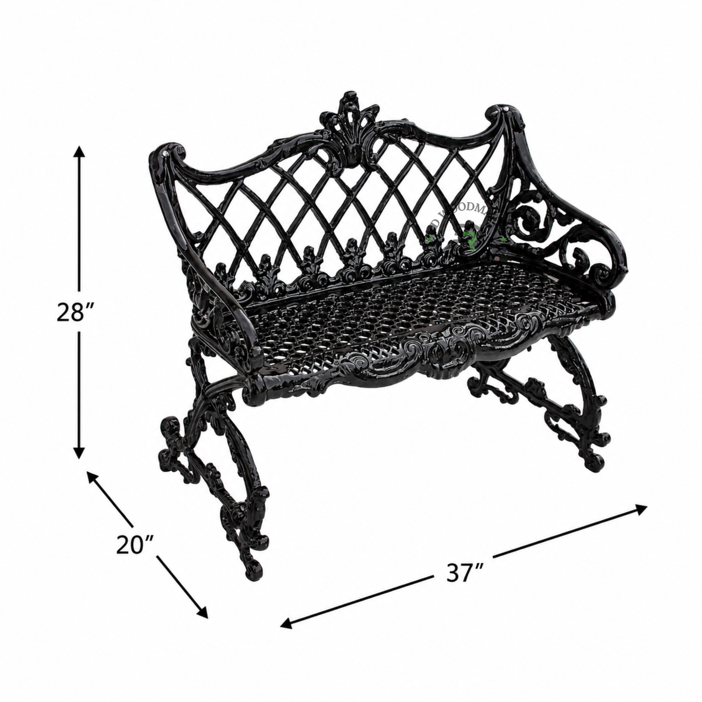 VICTORIAN BLACK CAST METAL LOVESEAT BENCH WITH DIAMOND LATTICE BACK