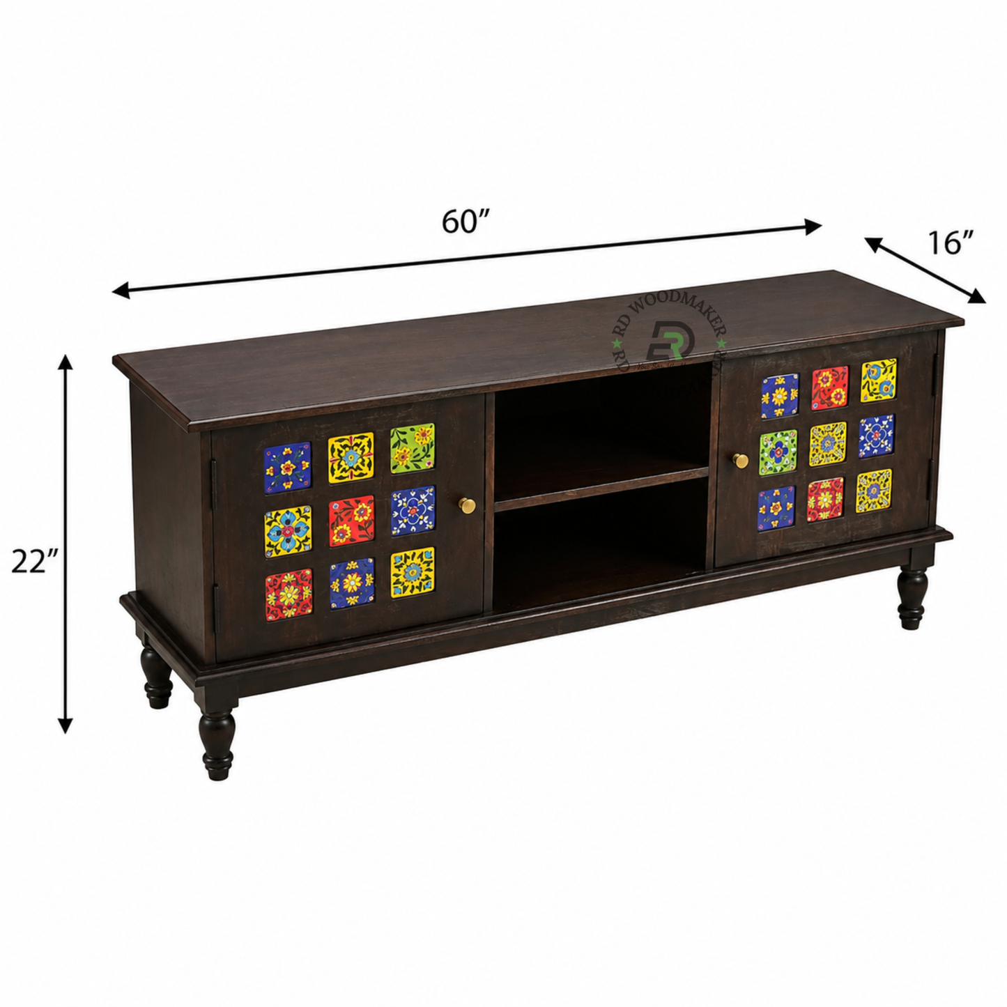 HANDCRAFTED TILE INLAY WOODEN MEDIA SIDEBOARD