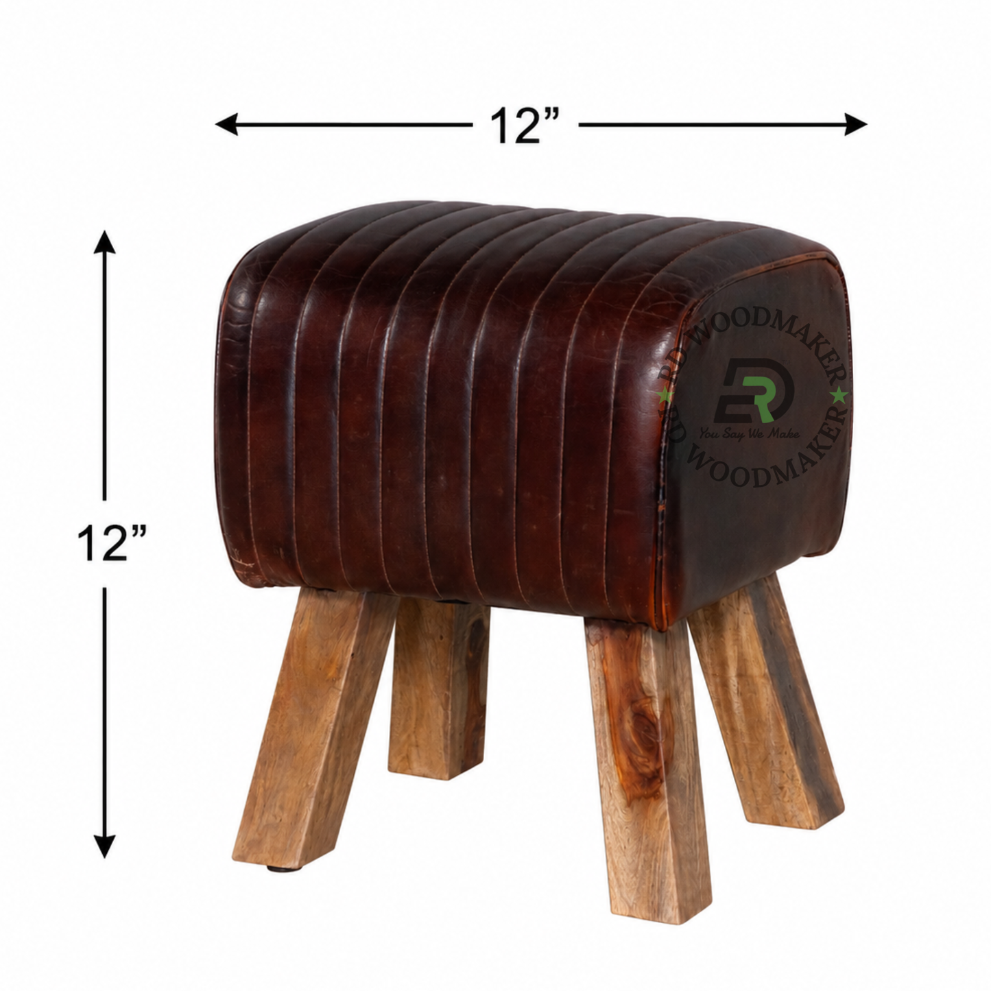 VINTAGE GENUINE LEATHER UPHOLSTERED SOLID WOOD STOOL