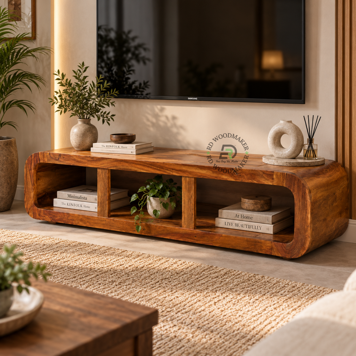 LORCAN ROUNDED OPEN-SHELF SOLID WOOD TV UNIT