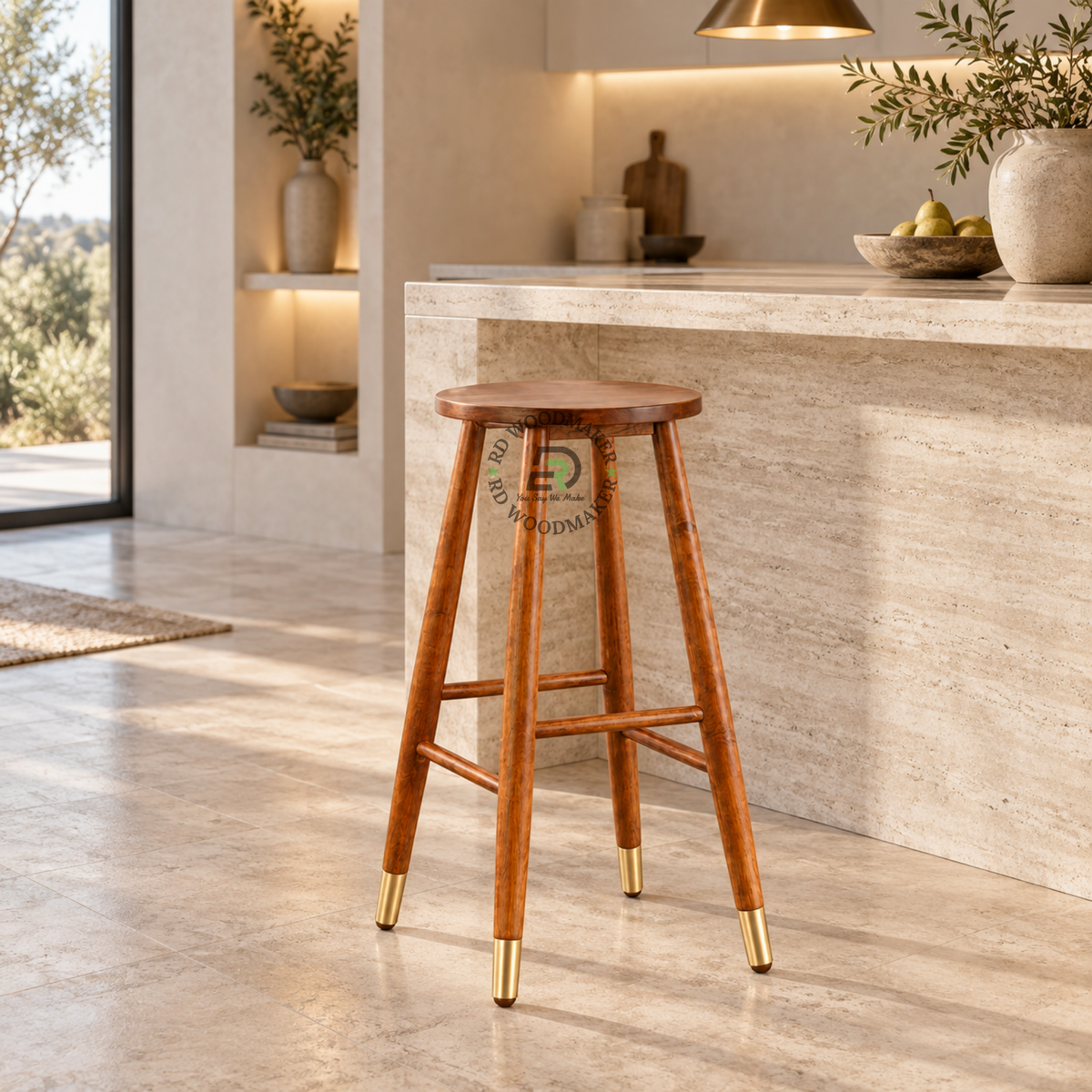 ORION ROUND SOLID WOOD BAR STOOL WITH BRASS ACCENTS