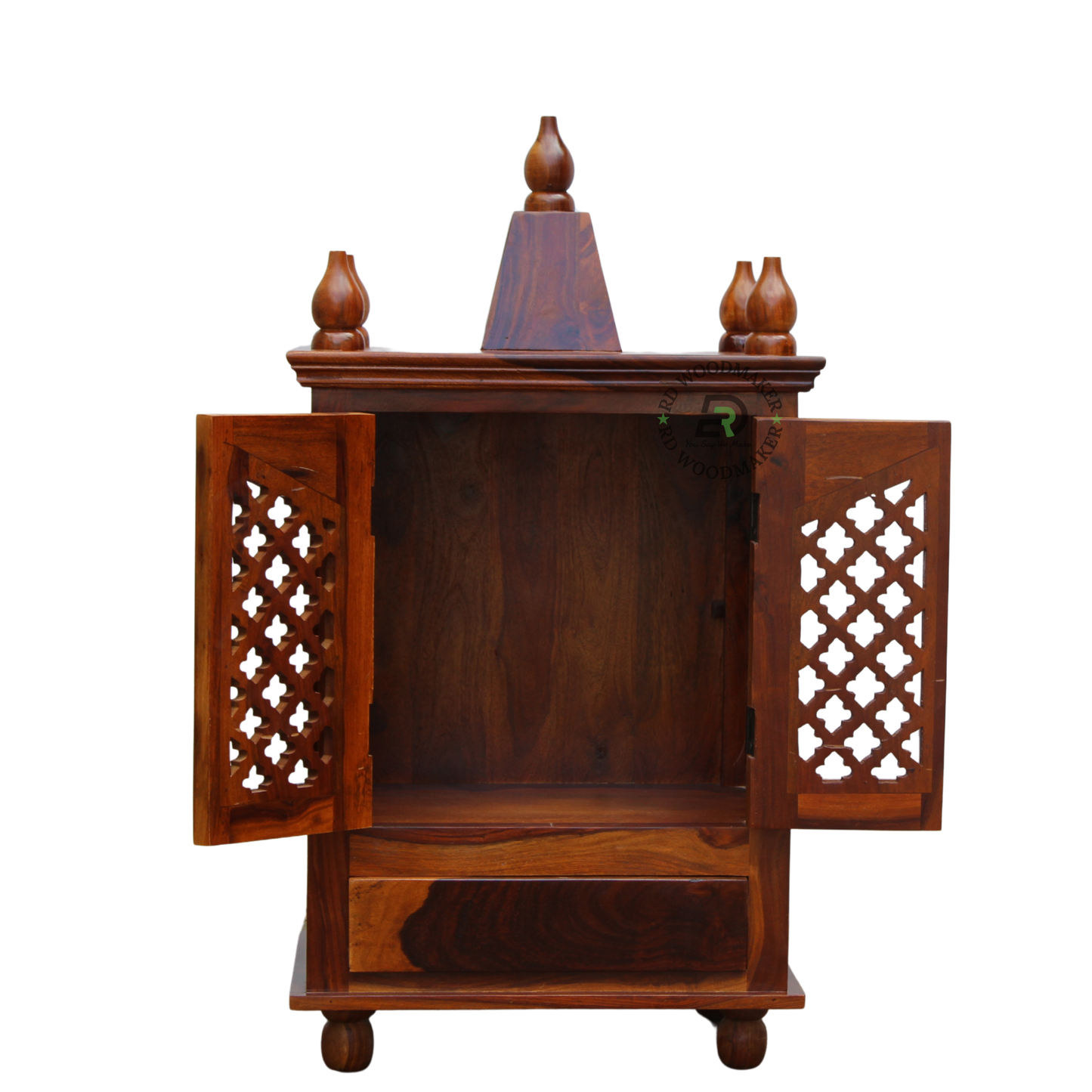 PREMIUM NATURAL WOODEN HOME TEMPLE CABINET WITH JALI DOUBLE DOORS & STORAGE DRAWER