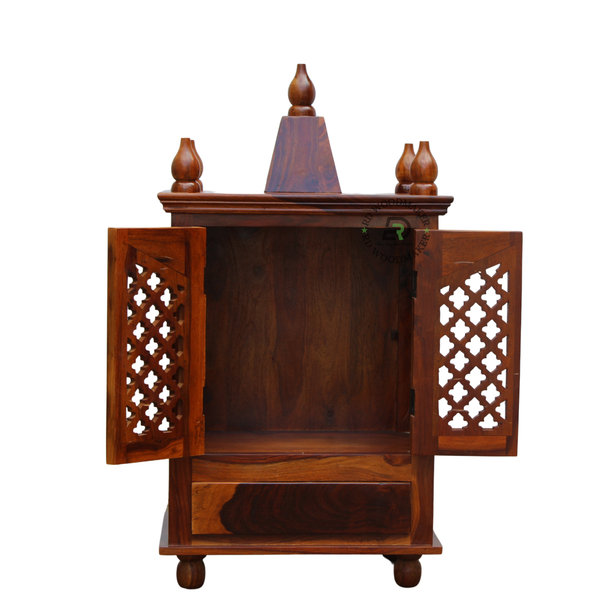 PREMIUM NATURAL WOODEN HOME TEMPLE CABINET WITH JALI DOUBLE DOORS & STORAGE DRAWER