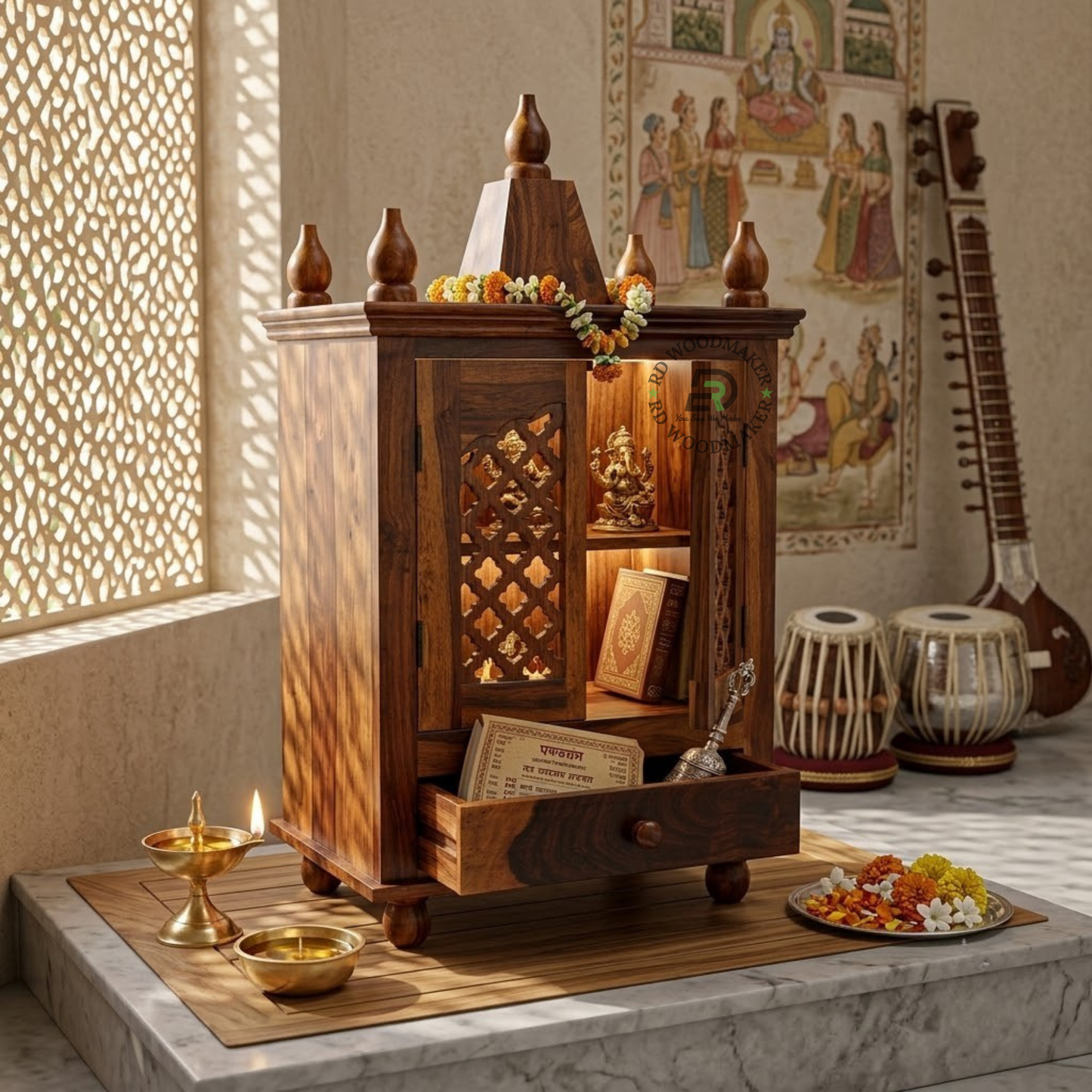 PREMIUM NATURAL WOODEN HOME TEMPLE CABINET WITH JALI DOUBLE DOORS & STORAGE DRAWER