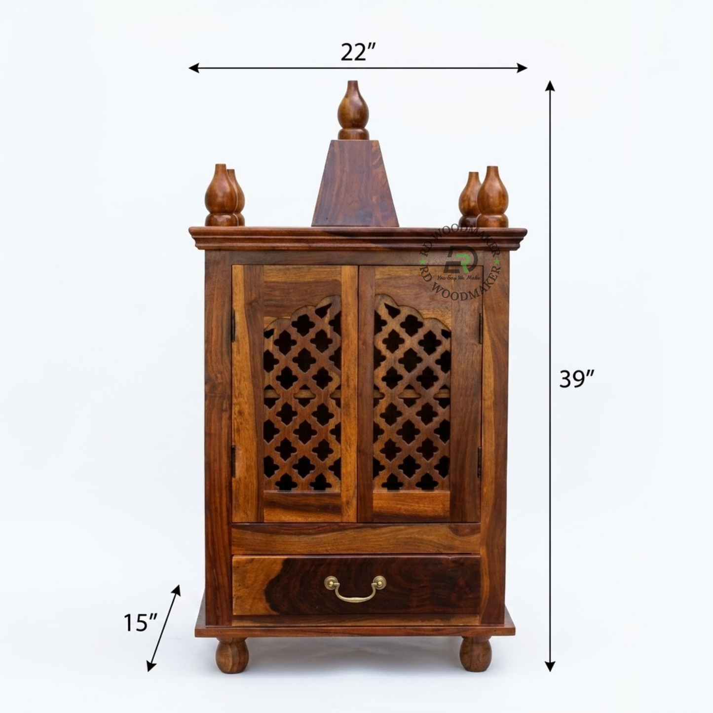 PREMIUM NATURAL WOODEN HOME TEMPLE CABINET WITH JALI DOUBLE DOORS & STORAGE DRAWER