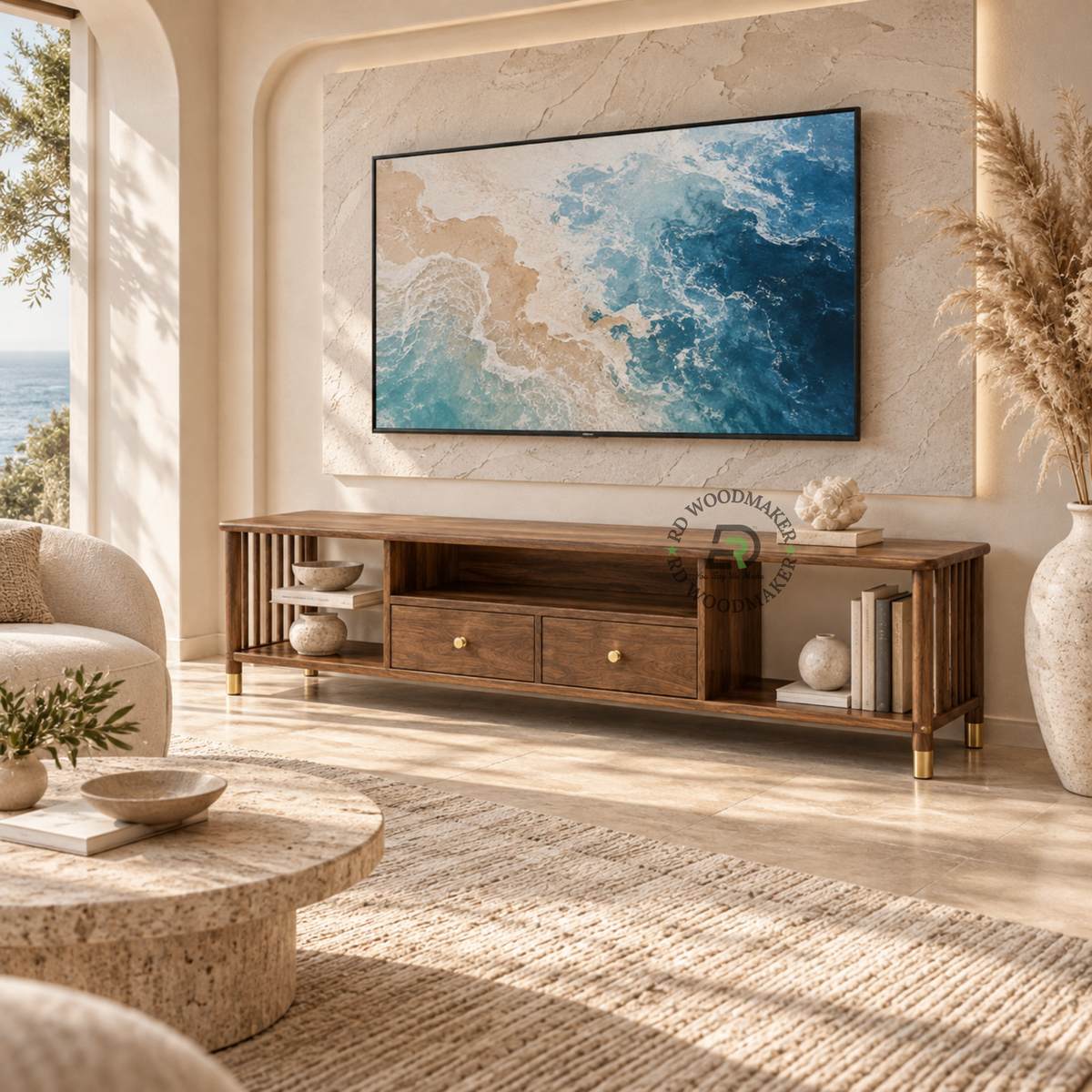 SEREN EXTRA-WIDE SLATTED SOLID WOOD TV UNIT