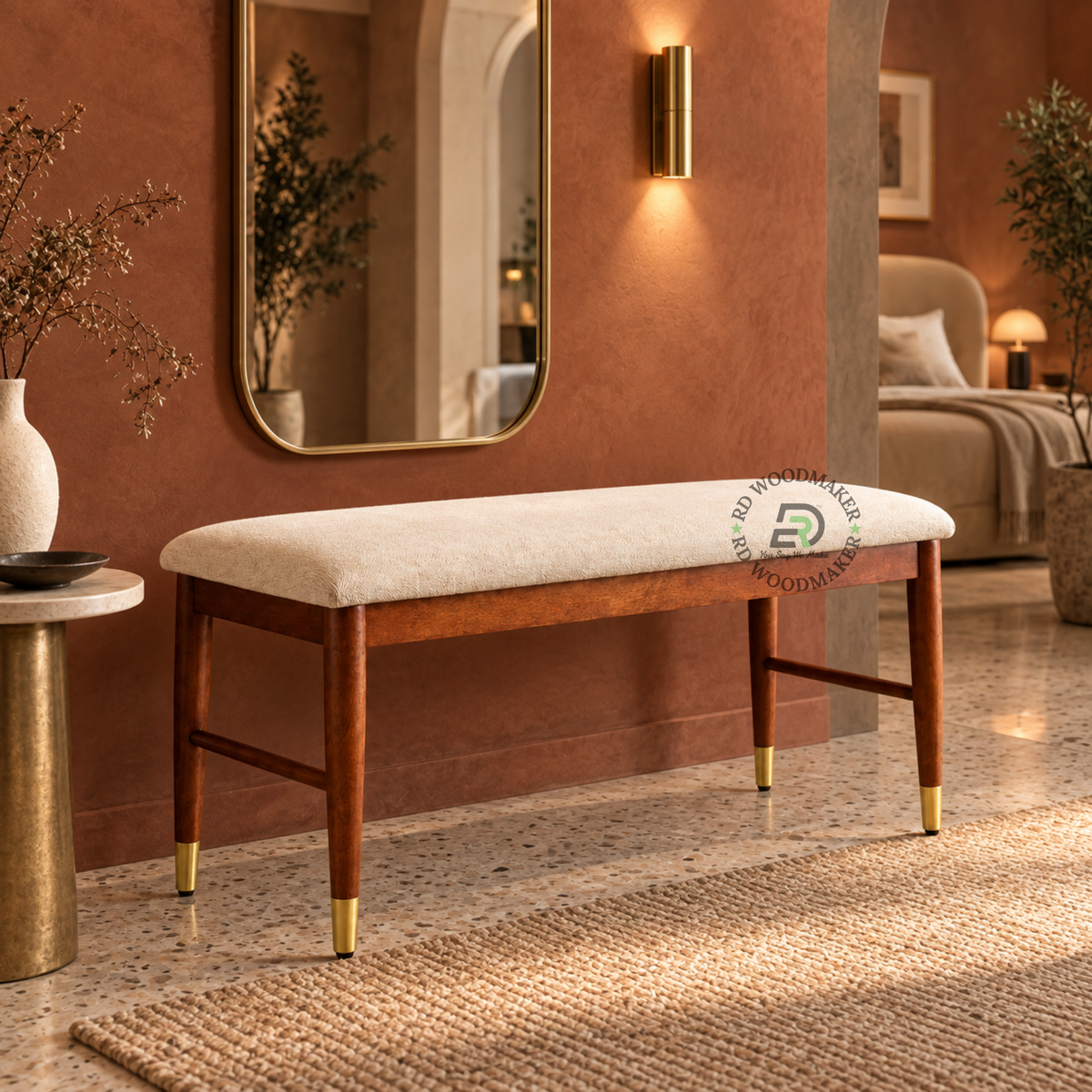 LIVERA UPHOLSTERED WOODEN BENCH WITH BRASS-CAPPED LEGS