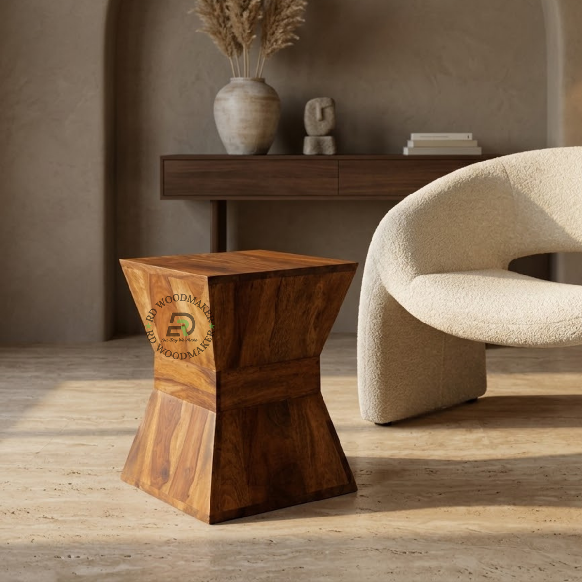 VESTA SCULPTURAL HOURGLASS SOLID WOOD STOOL
