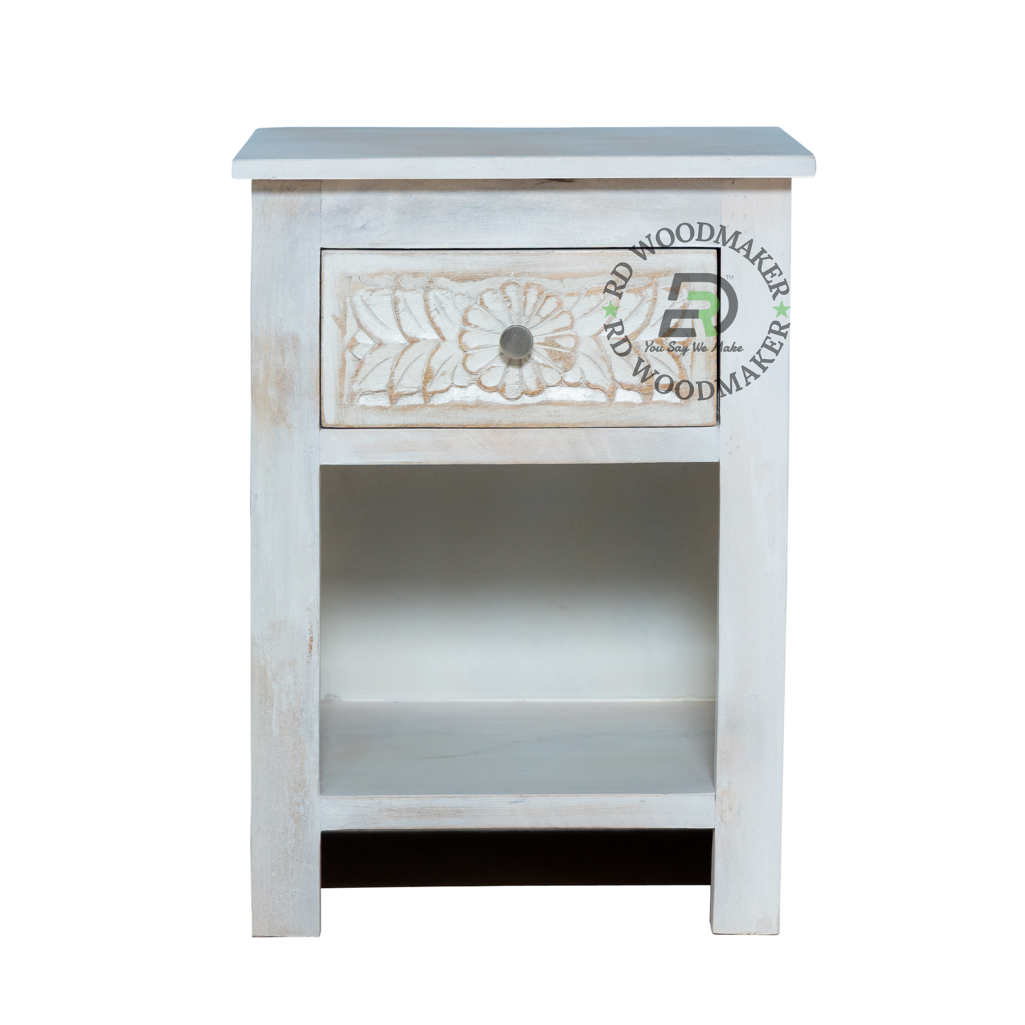 FLORAL CARVED WHITE WOOD BEDSIDE TABLE