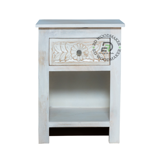 FLORAL CARVED WHITE WOOD BEDSIDE TABLE