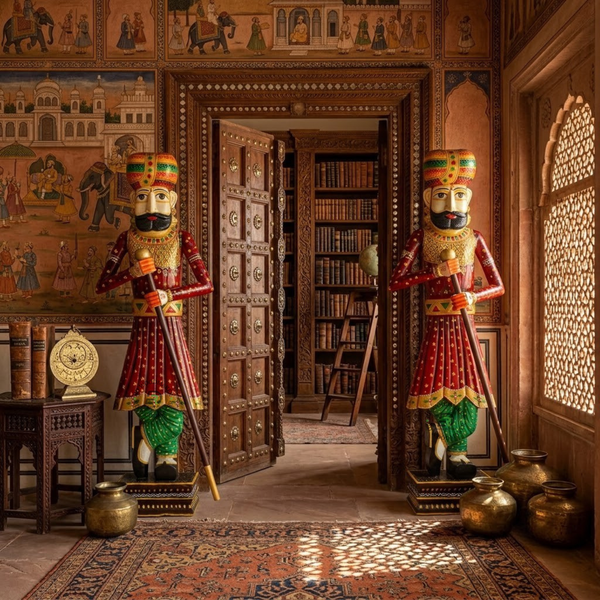 HAND-PAINTED RAJASTHANI ROYAL GUARD WOODEN STATUE SET OF 2