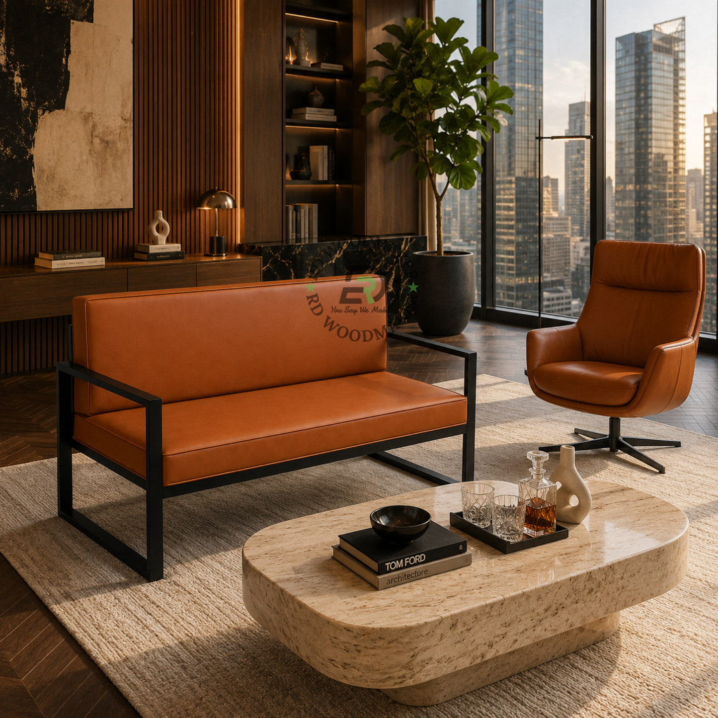 INDUSTRIAL TAN BROWN UPHOLSTERED SOFA WITH BLACK METAL FRAME