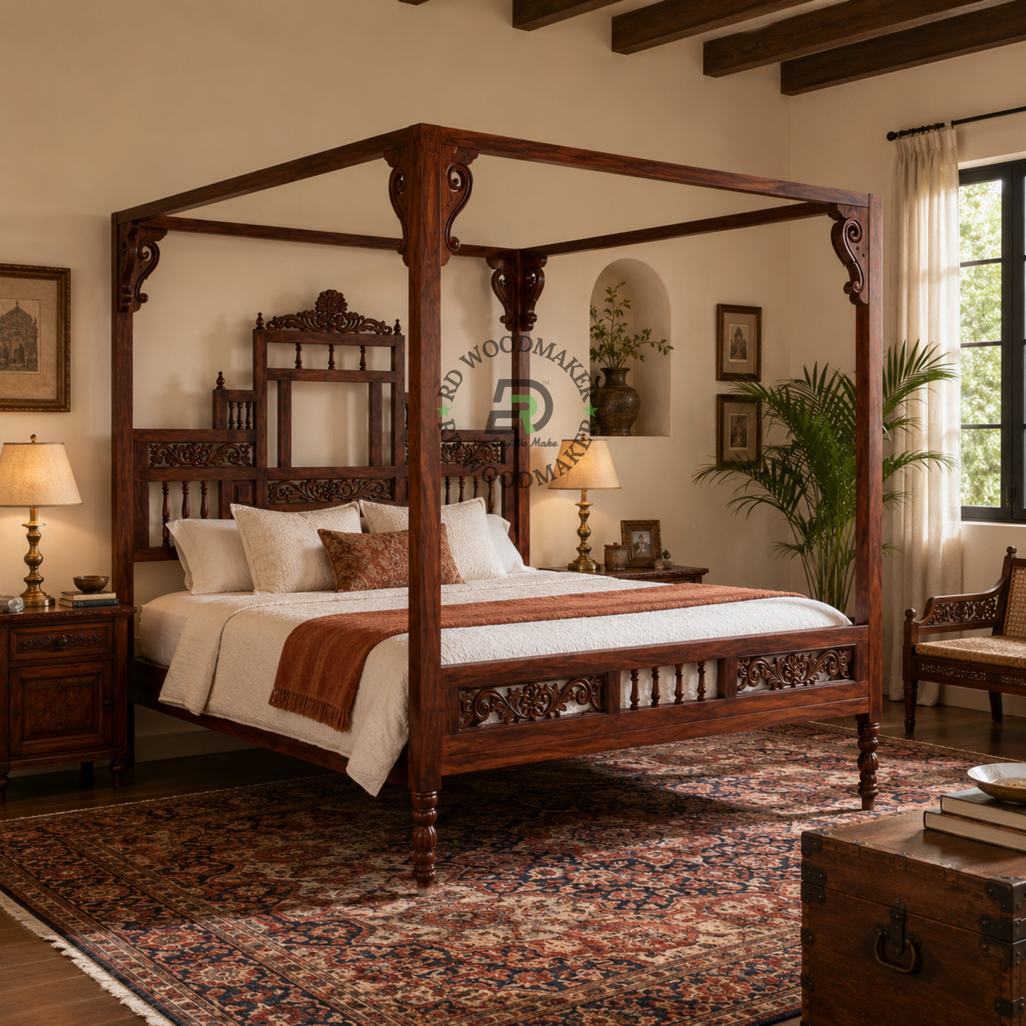 ROYAL HANDCARVED FOUR-POSTER WOODEN CANOPY BED