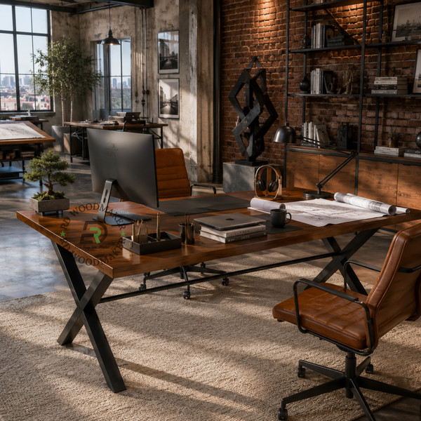 INDUSTRIAL RECTANGULAR WOODEN DINING TABLE WITH X-FRAME LEGS