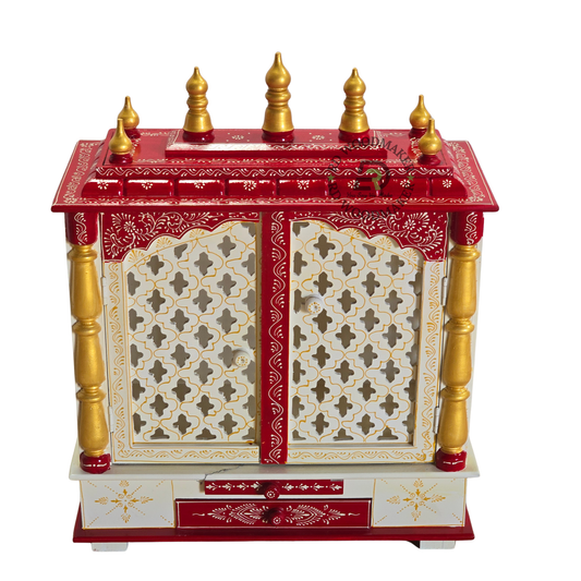 PREMIUM HAND-PAINTED RED & IVORY WOODEN HOME TEMPLE WITH JALI DOUBLE DOORS & DOUBLE STORAGE DRAWERS