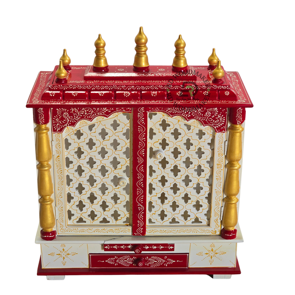 PREMIUM HAND-PAINTED RED & IVORY WOODEN HOME TEMPLE WITH JALI DOUBLE DOORS & DOUBLE STORAGE DRAWERS