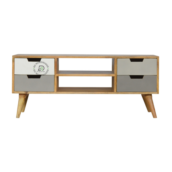 MODERN SOLID WOOD TV UNIT WITH 4 DRAWERS & OPEN SHELVES