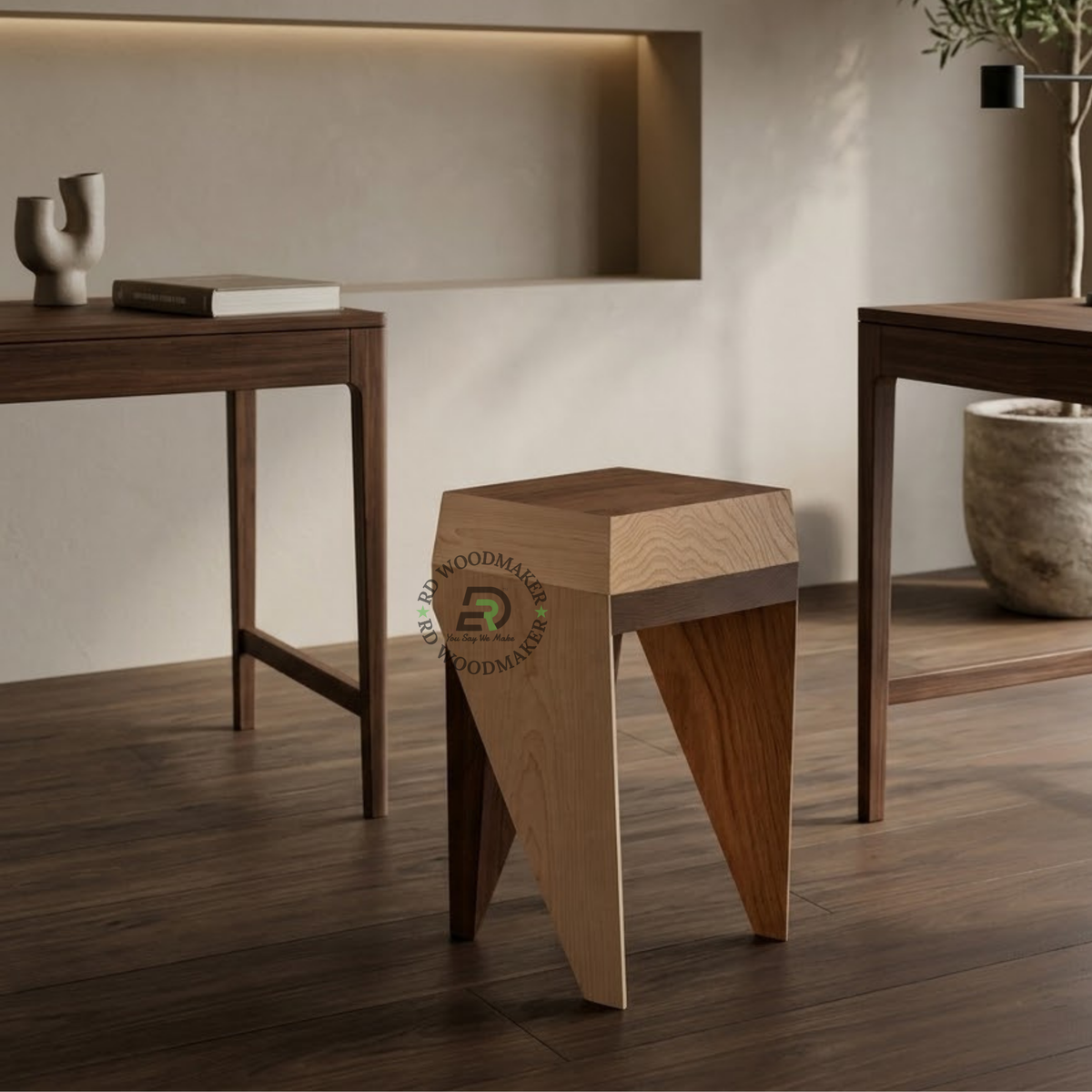 KAEL MULTI-TONE GEOMETRIC SOLID WOOD STOOL