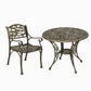 ANTIQUE GOLD FLORAL METAL ROUND TABLE & ARMCHAIR SET
