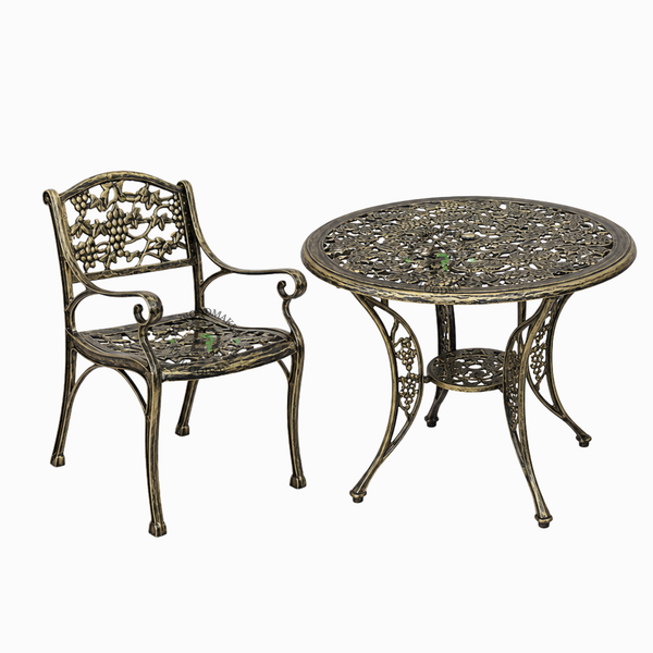 ANTIQUE GOLD FLORAL METAL ROUND TABLE & ARMCHAIR SET