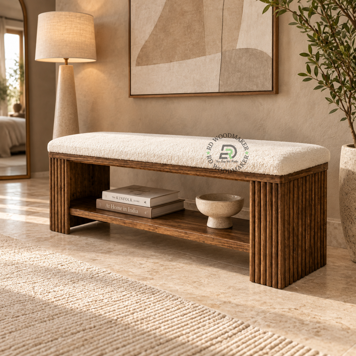 RIVA REEDED WOOD STORAGE BENCH WITH BOUCLÉ SEAT