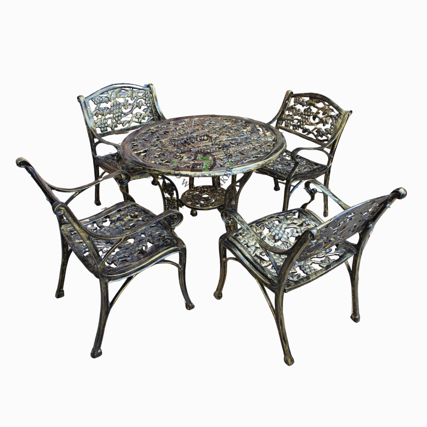 ANTIQUE GOLD FLORAL METAL ROUND TABLE & ARMCHAIR SET
