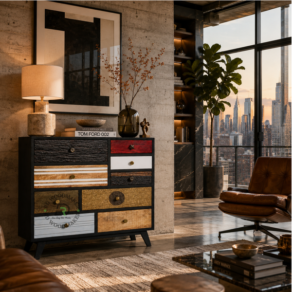 VINTAGE MULTI-DRAWER PATCHWORK SOLID WOOD CABINET