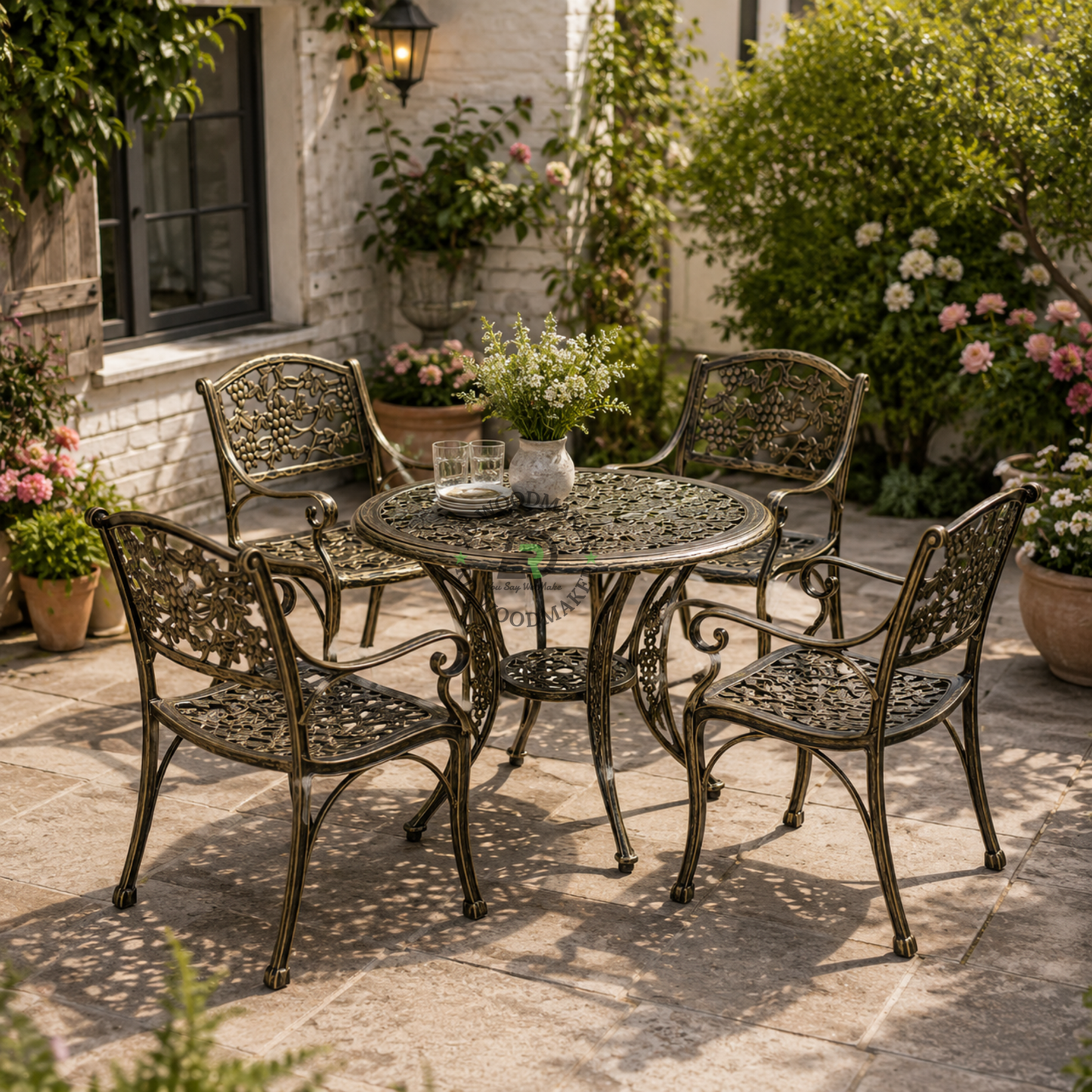 ANTIQUE GOLD FLORAL METAL ROUND TABLE & ARMCHAIR SET