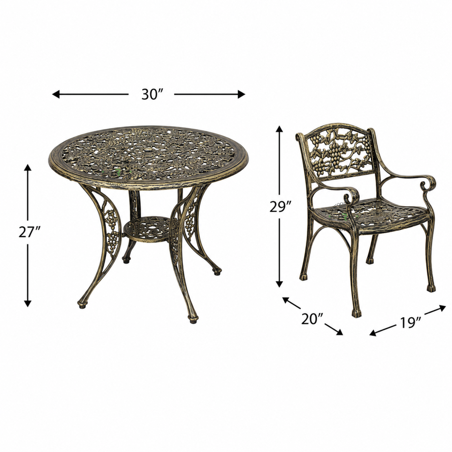 ANTIQUE GOLD FLORAL METAL ROUND TABLE & ARMCHAIR SET