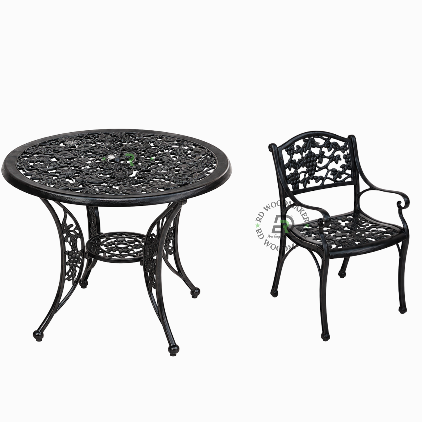 CLASSIC BLACK FLORAL METAL ROUND TABLE & ARMCHAIR SET
