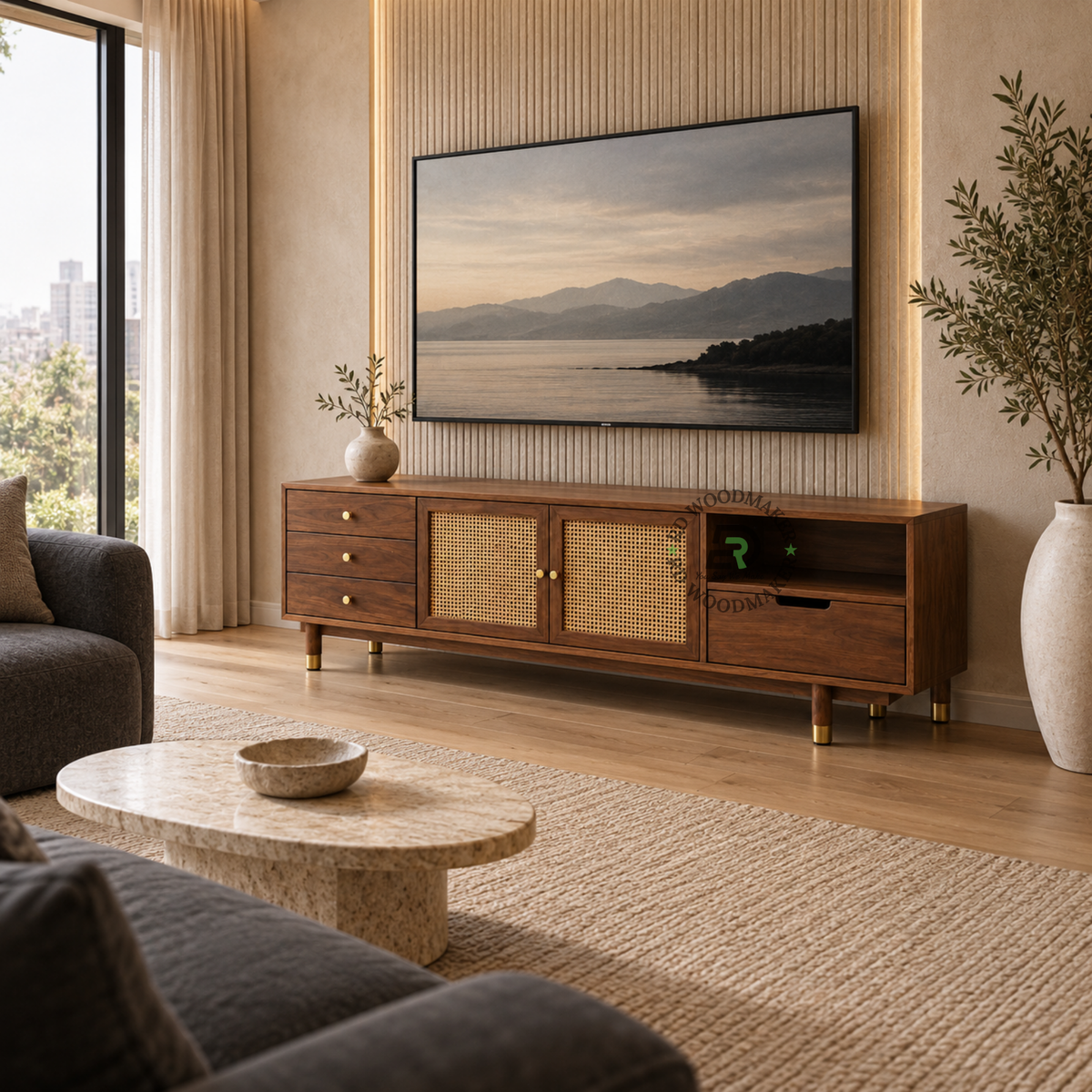 CAVEN CANE & SOLID WOOD TV UNIT WITH MULTI-STORAGE