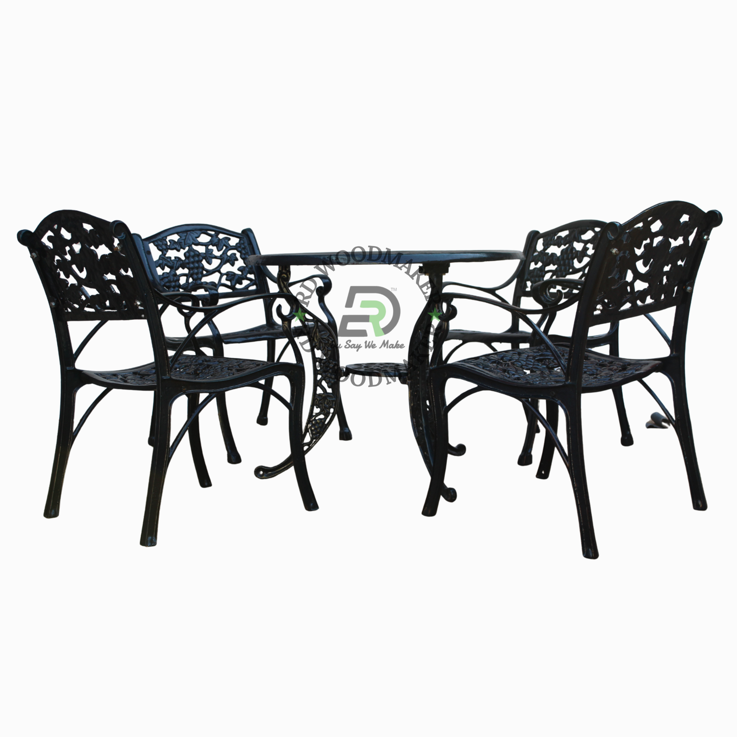 CLASSIC BLACK FLORAL METAL ROUND TABLE & ARMCHAIR SET