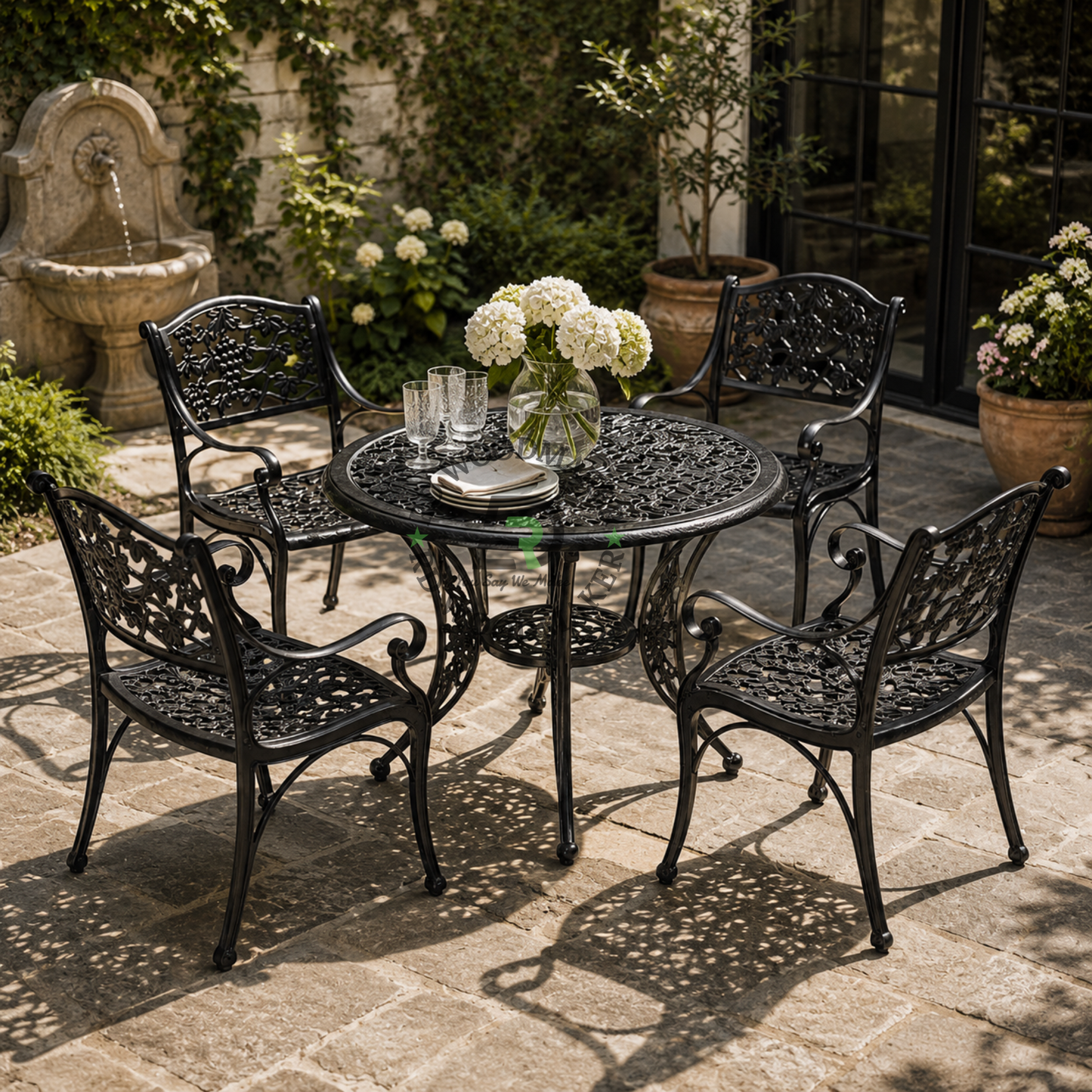 CLASSIC BLACK FLORAL METAL ROUND TABLE & ARMCHAIR SET
