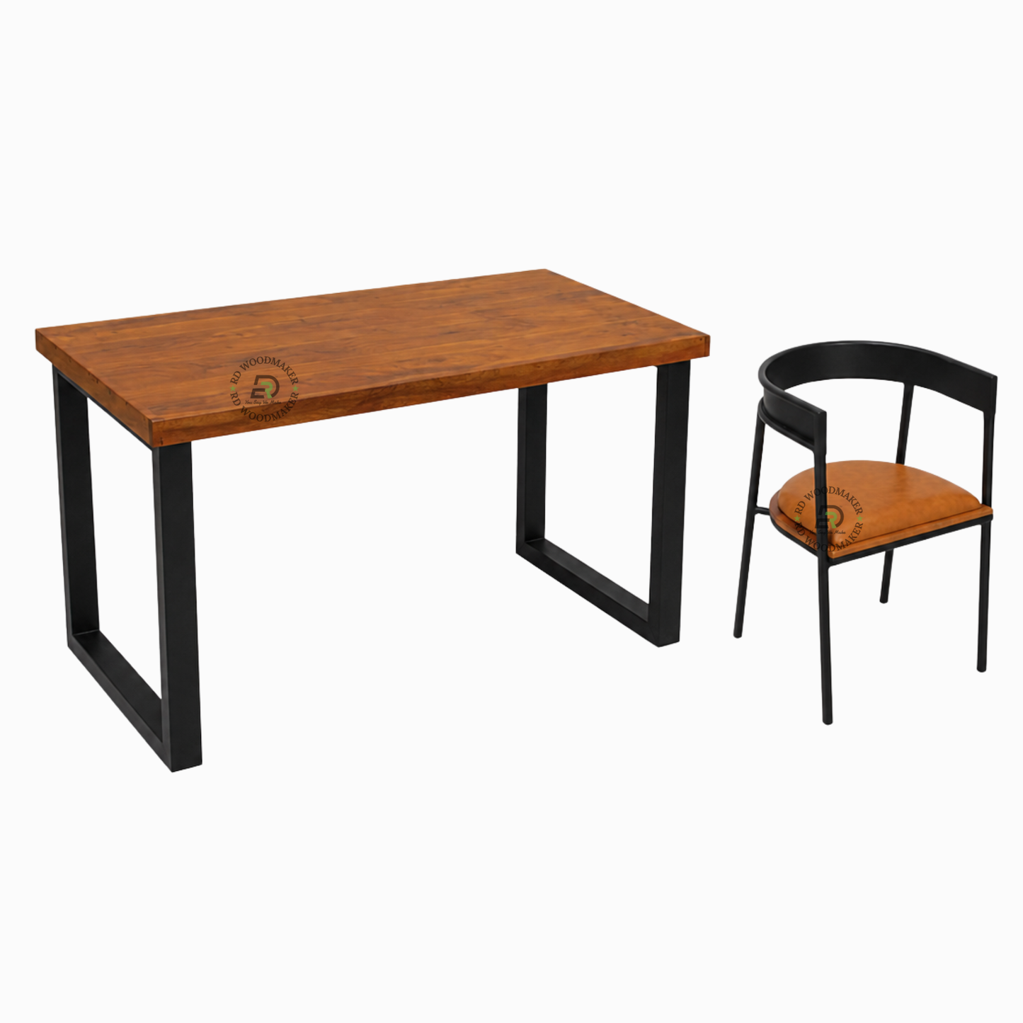 INDUSTRIAL WOOD & BLACK METAL DINING TABLE WITH CUSHIONED ARMCHAIR SET