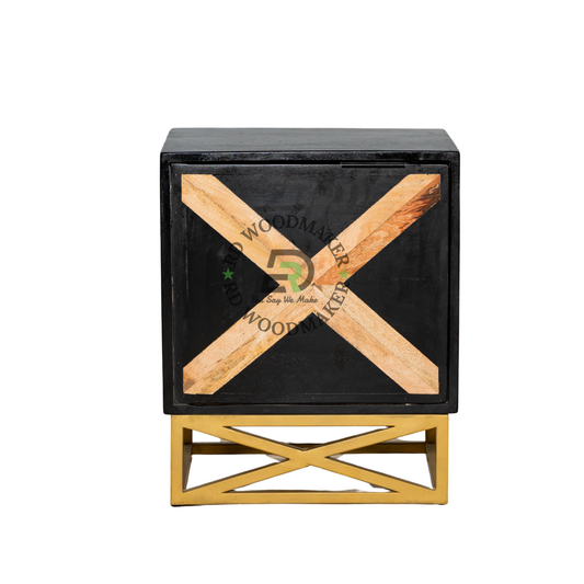 MODERN CROSS PANEL SOLID WOOD BEDSIDE TABLE WITH GOLD METAL BASE
