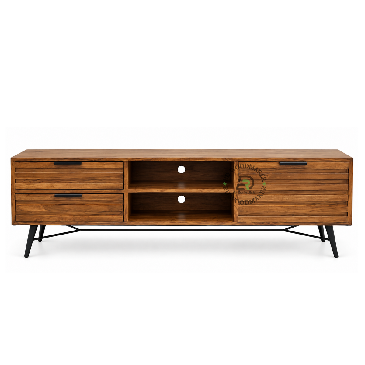 KORVIN SLATTED WOOD TV UNIT WITH BLACK METAL FRAME