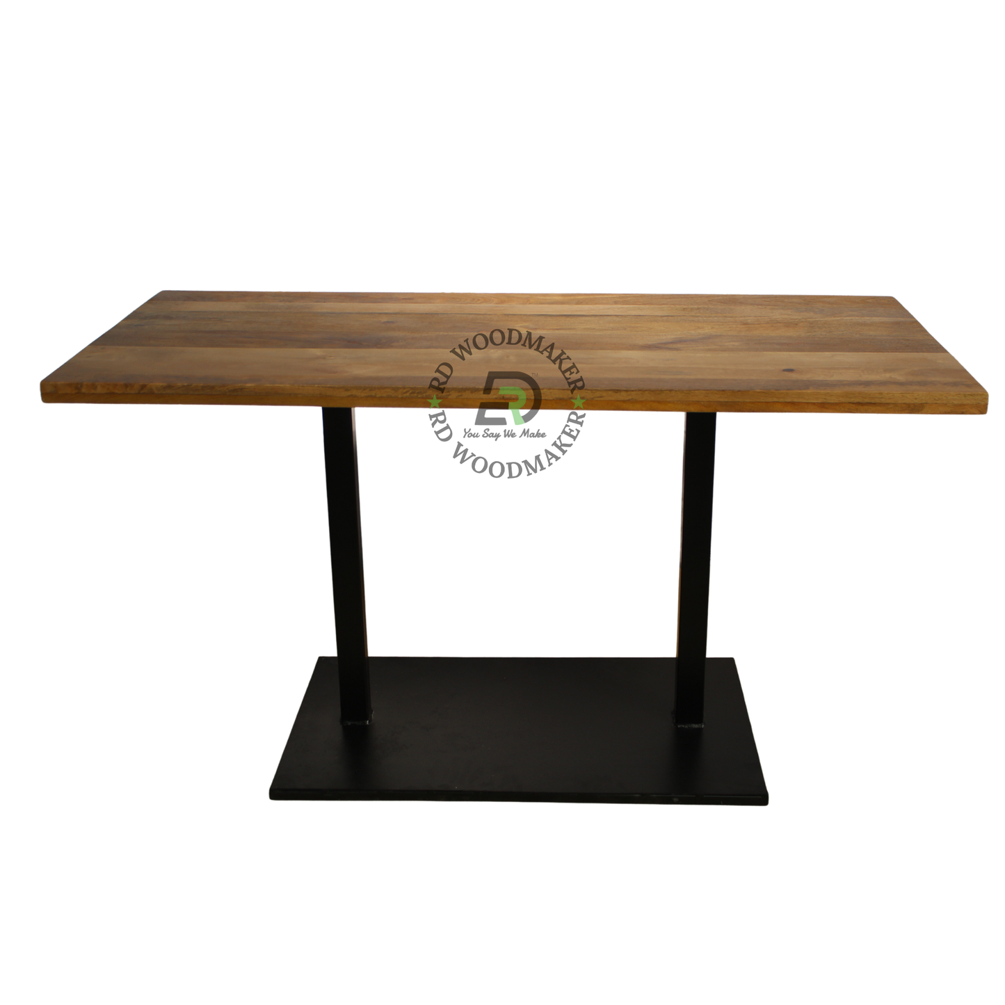 RECTANGULAR WOODEN DINING TABLE WITH DOUBLE METAL PEDESTAL BASE