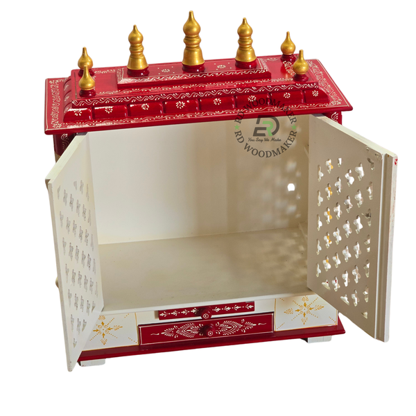 PREMIUM HAND-PAINTED RED & IVORY WOODEN HOME TEMPLE WITH JALI DOUBLE DOORS & DOUBLE STORAGE DRAWERS