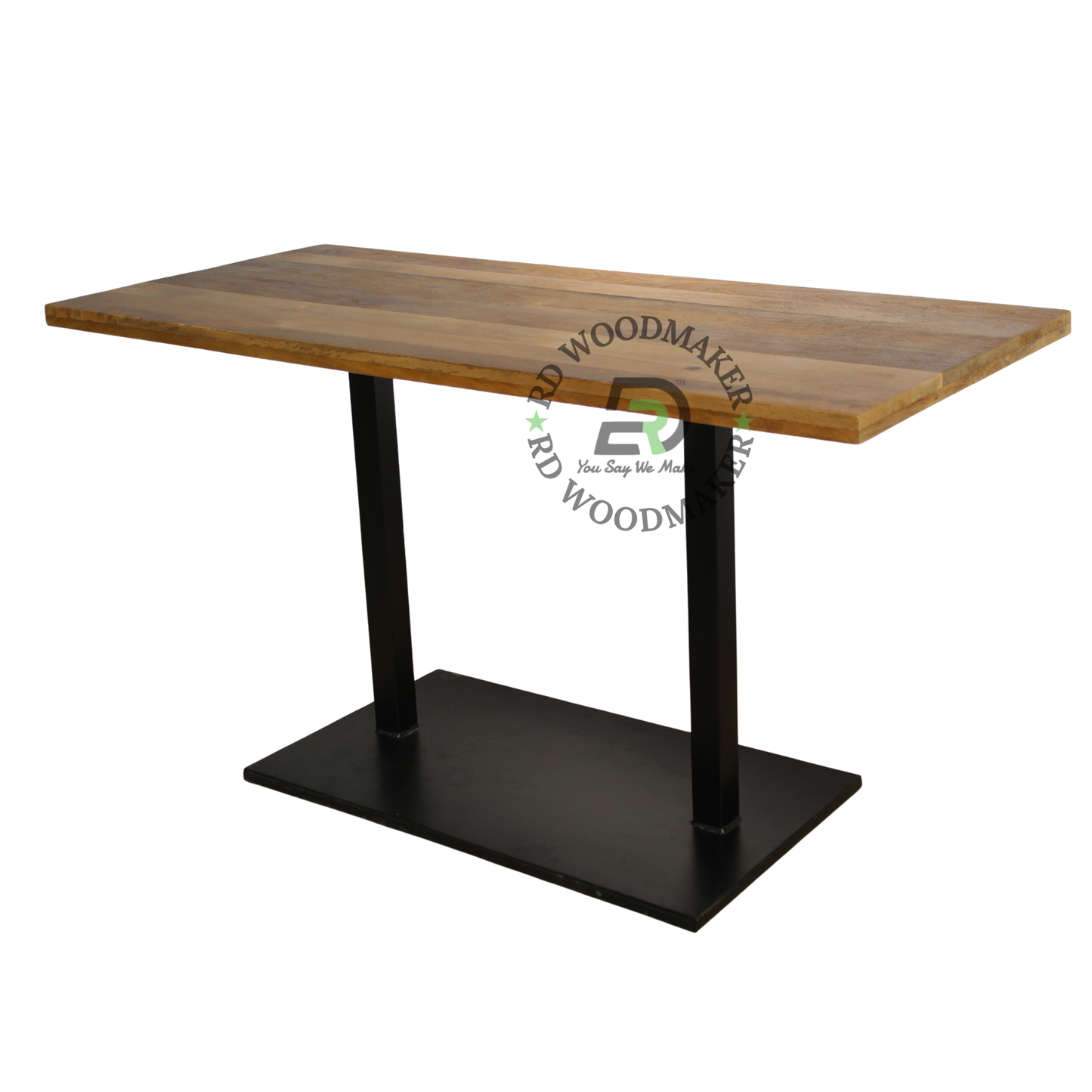 RECTANGULAR WOODEN DINING TABLE WITH DOUBLE METAL PEDESTAL BASE
