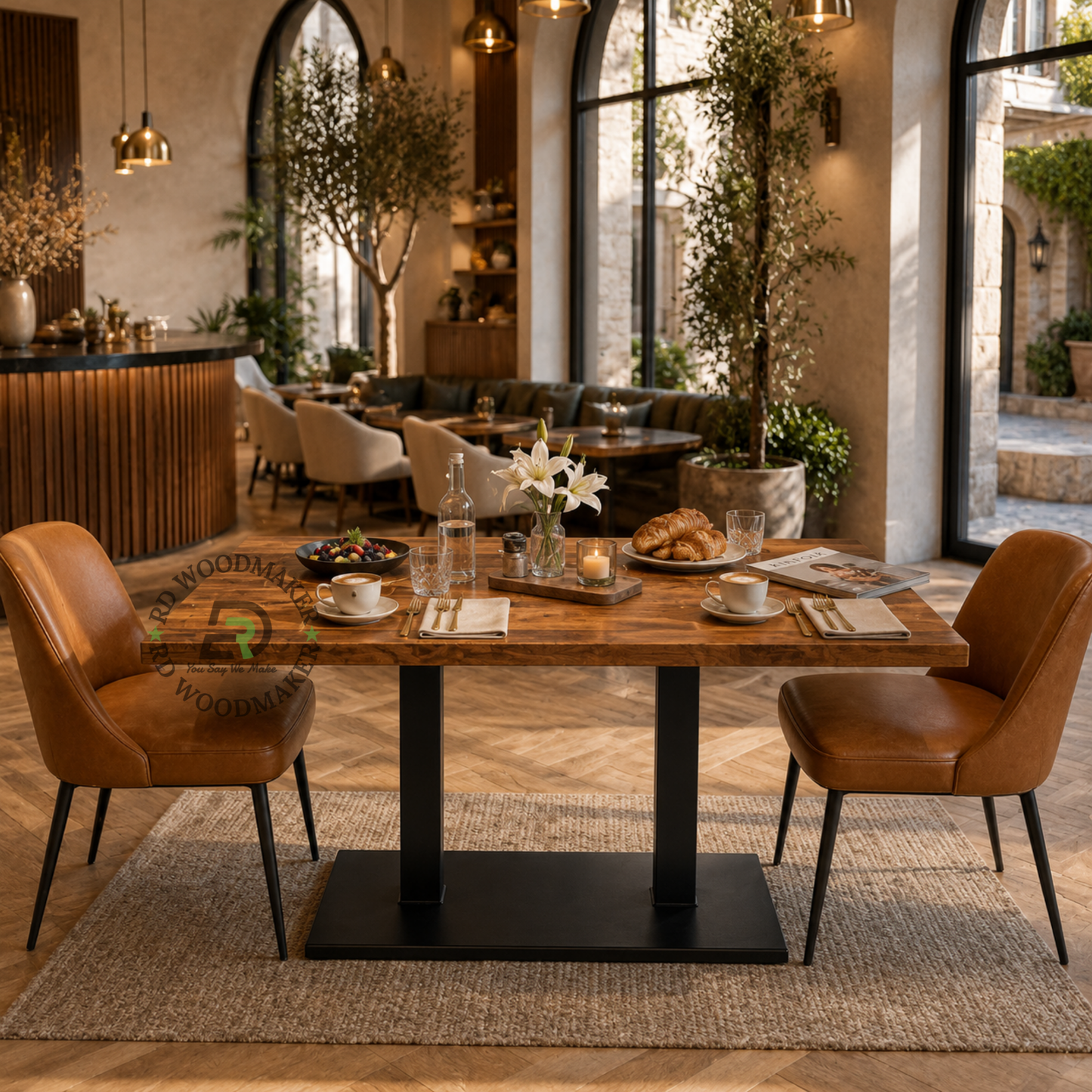 RECTANGULAR WOODEN DINING TABLE WITH DOUBLE METAL PEDESTAL BASE